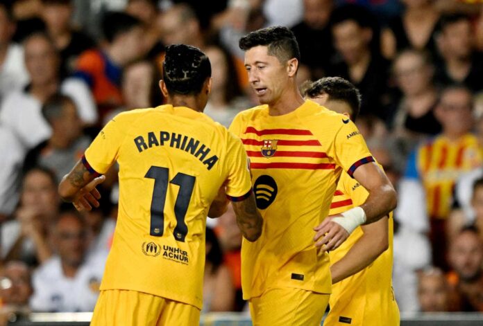 Raphinha And Lewandowski Celebrating A Goal For Barcelona