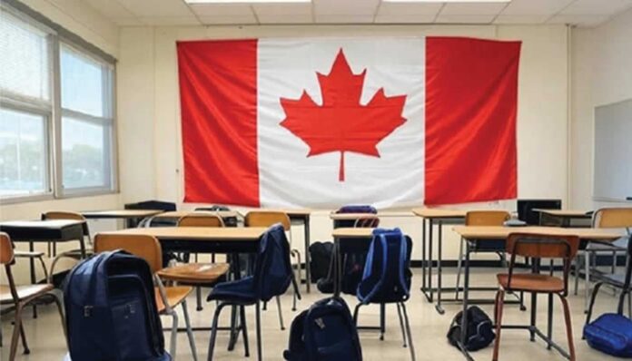 Canada Flag With Students In Classroom