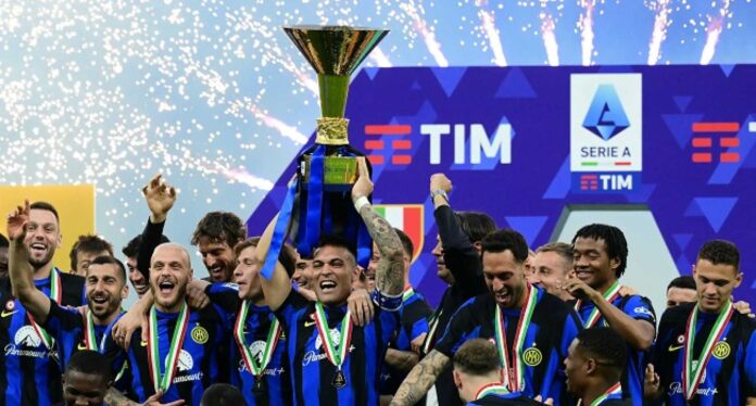 Lautaro Martinez With Serie A Trophy Celebration