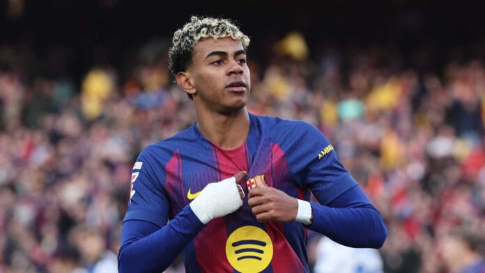 Lamine Yamal Celebrating A Goal With Barcelona